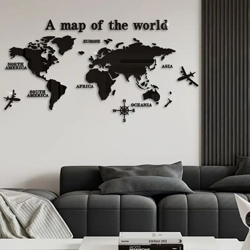 Modern 3D Black World Map Wall Art – Decor for Living Room, Office, or Bedroom